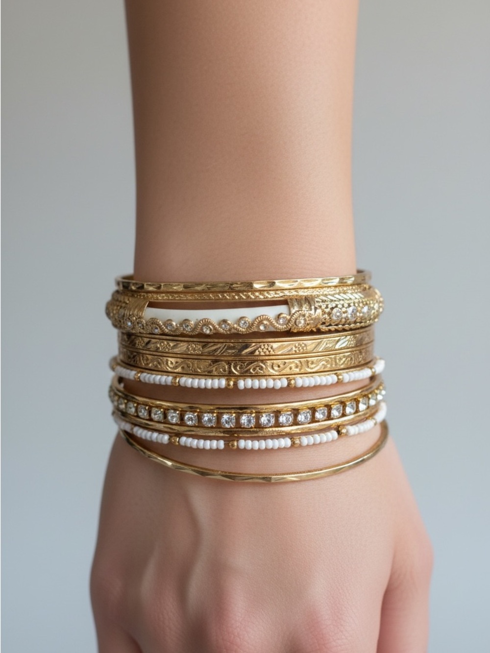 10/23 Gold and White Stacked Bangle Bracelet Set - Women Jewelry